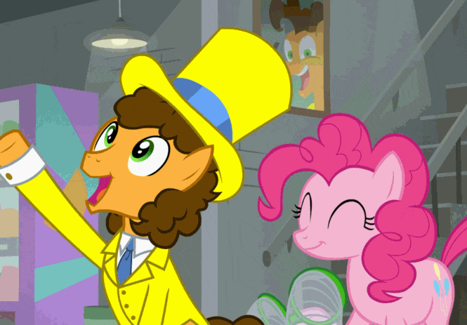 Size: 665x463 | Tagged: safe, screencap, character:cheese sandwich, character:pinkie pie, species:earth pony, species:pony, episode:the last laugh, g4, my little pony: friendship is magic, animated, clothing, cropped, cute, duo, eyes closed, female, googly eyes, hat, looking at someone, male, smiling, talking, tuxedo