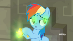 Size: 1920x1080 | Tagged: safe, screencap, character:rainbow dash, species:pegasus, species:pony, episode:daring doubt, g4, my little pony: friendship is magic, bedroom eyes, discovery family logo, faec, glow, glowing eyes, mid-blink screencap, smug, smugdash, solo, truth talisman