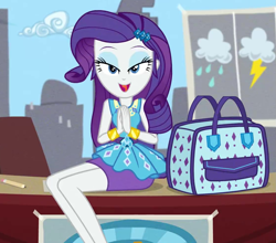 Size: 1113x980 | Tagged: safe, screencap, character:rarity, episode:best trends forever, g4, my little pony:equestria girls, bracelet, cropped, desk, female, handbag, jewelry, legs, lidded eyes, looking at you, open mouth, pencil skirt, purse, sitting, smiling