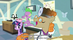 Size: 845x460 | Tagged: safe, screencap, character:spike, character:twilight sparkle, david bowie, youtube caption