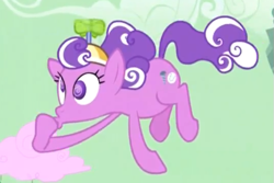Size: 569x379 | Tagged: safe, screencap, character:screwball, species:earth pony, species:pony, episode:the return of harmony, g4, my little pony: friendship is magic, clothing, cloud, cotton candy, cotton candy cloud, female, flying, food, green sky, hat, mare, propeller hat, solo, swirly eyes