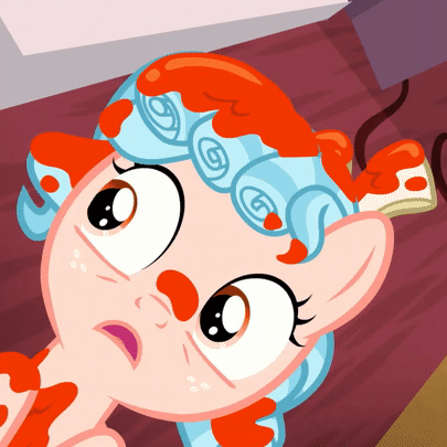 Size: 405x405 | Tagged: safe, screencap, character:cozy glow, species:pegasus, species:pony, episode:marks for effort, g4, my little pony: friendship is magic, animated, bow, cozybetes, cropped, curly hair, cute, eyes rolling back, female, filly, freckles, gif, giggling, hair bow, laughing, looking back, looking up, lying down, messy, messy mane, not blood, o.o, on back, on the floor, out of context, paint, paint on fur, paint on hooves, pure concentrated unfiltered evil of the utmost potency, pure unfiltered evil, solo, sweet apple acres, sweet apple acres barn