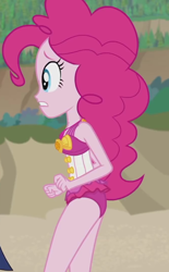Size: 670x1078 | Tagged: safe, screencap, character:pinkie pie, character:twilight sparkle, character:twilight sparkle (scitwi), species:eqg human, episode:x marks the spot, g4, my little pony:equestria girls, beach, beach babe, clothing, cropped, cute, diapinkes, female, geode of sugar bombs, legs, magical geodes, offscreen character, sleeveless, solo focus, swimsuit
