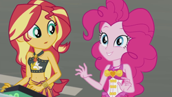 Size: 1920x1080 | Tagged: safe, screencap, character:pinkie pie, character:sunset shimmer, episode:x marks the spot, g4, my little pony:equestria girls, belly button, bikini, bracelet, clothing, cute, diapinkes, duo, duo female, female, geode of empathy, geode of sugar bombs, jewelry, magical geodes, midriff, sarong, shimmerbetes, sleeveless, smiling, swimsuit