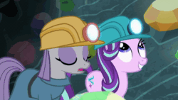 Size: 1280x720 | Tagged: safe, screencap, character:boulder, character:maud pie, character:starlight glimmer, episode:rock solid friendship, g4, my little pony: friendship is magic, animated, cave, dubbing, gem, gem cave, german, helmet, mining helmet, sound, webm