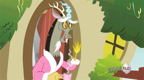 Size: 500x278 | Tagged: safe, screencap, character:discord, species:draconequus, episode:keep calm and flutter on, g4, my little pony: friendship is magic, animated, clothing, coffee, cute, discute, hub logo, male, mug, robe, solo, waving