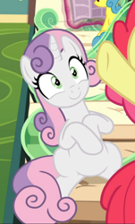 Size: 490x812 | Tagged: safe, screencap, character:apple bloom, character:sweetie belle, species:earth pony, species:pony, species:unicorn, episode:growing up is hard to do, g4, my little pony: friendship is magic, cropped, female, friendship express, mare, offscreen character, older, older sweetie belle, sitting, smiling, solo focus