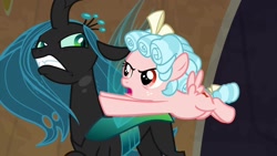 Size: 1280x720 | Tagged: safe, screencap, character:cozy glow, character:queen chrysalis, species:changeling, species:pegasus, species:pony, episode:frenemies, g4, my little pony: friendship is magic, angry, bags under eyes, bickering, bow, cozy glow is not amused, crown, curly hair, duo, evil lair, fangs, female, filly, flying, foal, former queen chrysalis, freckles, glare, grogar's lair, hair bow, insect wings, jewelry, lair, push, regalia, slit eyes, spread wings, tail bow, wings