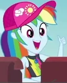 Size: 133x165 | Tagged: safe, screencap, character:rainbow dash, episode:too hot to handle, g4, my little pony:equestria girls, bikini, bikini top, cap, clothing, cropped, geode of super speed, hat, magical geodes, shed, smiling, swimsuit, thumbs up
