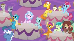Size: 1920x1080 | Tagged: safe, screencap, character:carrot cake, character:cup cake, character:gallus, character:maud pie, character:mudbriar, character:ocellus, character:pokey pierce, character:pound cake, character:pumpkin cake, character:sandbar, character:silverstream, character:smolder, character:yona, species:changedling, species:changeling, species:classical hippogriff, species:dragon, species:earth pony, species:griffon, species:hippogriff, species:pegasus, species:pony, species:reformed changeling, species:unicorn, species:yak, ship:maudbriar, episode:the last problem, g4, my little pony: friendship is magic, apron, bow, bow tie, clothing, cloven hooves, colt, dragoness, female, filly, foal, hair bow, hat, jewelry, male, monkey swings, necklace, shipping, smock, straight, student six, teenager