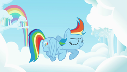 Size: 1920x1080 | Tagged: safe, screencap, character:rainbow dash, species:pegasus, species:pony, cloud, cloudsdale, cloudy, cutie mark, female, flying, great moments in animation, intro, mare, mid-blink screencap, opening, opening theme, rainbow, sky, smear frame, solo, theme song