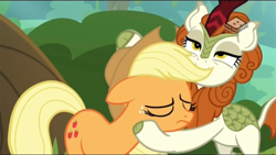 Size: 1280x720 | Tagged: safe, screencap, character:applejack, character:autumn blaze, species:kirin, species:pony, episode:sounds of silence, g4, my little pony: friendship is magic, out of context