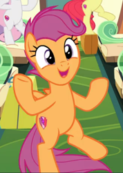 Size: 428x600 | Tagged: safe, screencap, character:apple bloom, character:scootaloo, character:sweetie belle, species:earth pony, species:pegasus, species:pony, species:unicorn, episode:growing up is hard to do, g4, my little pony: friendship is magic, being big is all it takes, bipedal, cropped, cute, cutealoo, cutie mark crusaders, dancing, female, mare, offscreen character, older, older scootaloo, open mouth, smiling, solo focus, suitcase