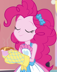 Size: 852x1080 | Tagged: safe, screencap, character:pinkie pie, equestria girls:holidays unwrapped, g4, my little pony:equestria girls, apron, bow, clothing, cropped, eyes closed, female, food, hair bow, inhale, kitchen, oven mitts, ramekin, saving pinkie's pie, skirt, sleeveless, sleeveless shirt, smiling, sniffs, solo, souffle
