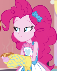 Size: 858x1080 | Tagged: safe, screencap, character:pinkie pie, equestria girls:holidays unwrapped, g4, my little pony:equestria girls, apron, bow, clothing, cropped, female, food, hair bow, kitchen, lidded eyes, oven mitts, raised eyebrows, ramekin, saving pinkie's pie, skirt, sleeveless, sleeveless shirt, smiling, solo, souffle