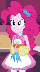 Size: 611x1080 | Tagged: safe, screencap, character:pinkie pie, equestria girls:holidays unwrapped, g4, my little pony:equestria girls, apron, bow, clothing, cropped, female, food, hair bow, kitchen, oven mitts, ramekin, saving pinkie's pie, skirt, sleeveless shirt, smiling, solo, souffle