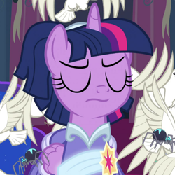Size: 700x700 | Tagged: safe, screencap, character:princess luna, character:twilight sparkle, character:twilight sparkle (alicorn), species:alicorn, species:bird, species:pony, episode:the last problem, g4, my little pony: friendship is magic, cropped, second coronation dress, spider