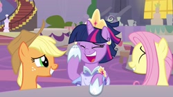 Size: 1920x1080 | Tagged: safe, screencap, character:applejack, character:fluttershy, character:twilight sparkle, character:twilight sparkle (alicorn), species:alicorn, species:pony, episode:the last problem, g4, my little pony: friendship is magic, laughing, second coronation dress