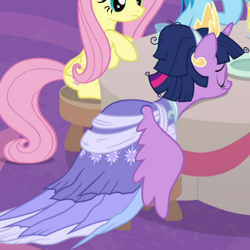 Size: 700x700 | Tagged: safe, screencap, character:fluttershy, character:rainbow dash, character:twilight sparkle, character:twilight sparkle (alicorn), species:alicorn, species:pony, episode:the last problem, g4, my little pony: friendship is magic, cropped, crown, jewelry, regalia, second coronation dress