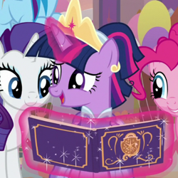 Size: 700x700 | Tagged: safe, screencap, character:pinkie pie, character:rainbow dash, character:rarity, character:twilight sparkle, character:twilight sparkle (alicorn), species:alicorn, species:pony, episode:the last problem, g4, my little pony: friendship is magic, book, cropped, crown, jewelry, regalia, second coronation dress