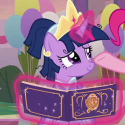 Size: 700x700 | Tagged: safe, screencap, character:twilight sparkle, character:twilight sparkle (alicorn), species:alicorn, species:pony, episode:the last problem, g4, my little pony: friendship is magic, book, cropped, crown, jewelry, regalia, second coronation dress