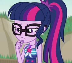 Size: 1233x1080 | Tagged: safe, screencap, character:twilight sparkle, character:twilight sparkle (scitwi), species:eqg human, episode:friendship math, g4, my little pony:equestria girls, beach, beach babe, clothing, cropped, cute, female, geode of telekinesis, glasses, magical geodes, ponytail, sleeveless, solo, swimsuit, thinking, twiabetes