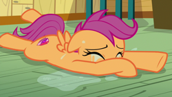 Size: 1920x1080 | Tagged: safe, screencap, character:scootaloo, species:pegasus, species:pony, episode:the last crusade, g4, my little pony: friendship is magic, covering, crying, cutie mark, female, filly, floppy ears, solo, the cmc's cutie marks