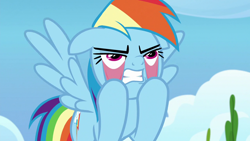 Size: 1280x720 | Tagged: safe, screencap, character:rainbow dash, species:pony, episode:the last problem, g4, my little pony: friendship is magic, eyelid pull, faec, rainbow dash is best facemaker, solo