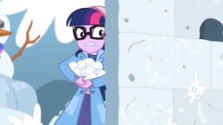 Size: 1600x900 | Tagged: safe, screencap, character:twilight sparkle, character:twilight sparkle (scitwi), species:eqg human, equestria girls:holidays unwrapped, g4, my little pony:equestria girls, clothing, coat, glasses, holding, ponytail, snow, snowball, snowman, taking cover, wall, winter