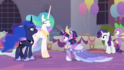 Size: 1920x1080 | Tagged: safe, screencap, character:princess celestia, character:princess luna, character:rarity, character:spike, character:twilight sparkle, character:twilight sparkle (alicorn), species:alicorn, species:dragon, species:pony, species:unicorn, episode:the last problem, g4, my little pony: friendship is magic, crown, female, former princess celestia, former princess luna, jewelry, mare, regalia, second coronation dress, winged spike