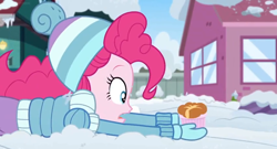 Size: 1600x862 | Tagged: safe, screencap, character:pinkie pie, equestria girls:holidays unwrapped, g4, my little pony:equestria girls, clothing, coat, house, lying down, mittens, outdoors, ramekin, saving pinkie's pie, snow, solo, souffle, window, winter, winter outfit