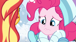Size: 1600x898 | Tagged: safe, screencap, character:pinkie pie, character:sunset shimmer, equestria girls:holidays unwrapped, g4, my little pony:equestria girls, clothing, mittens, sad, snow, toque, whimpering, winter, winter outfit