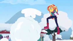 Size: 1600x900 | Tagged: safe, screencap, character:sunset shimmer, equestria girls:holidays unwrapped, g4, my little pony:equestria girls, boots, clothing, coat, dodge, gloves, jacket, jumping, shoes, snow, snowball, snowball fight, tree, winter