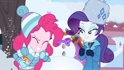 Size: 1600x900 | Tagged: safe, screencap, character:pinkie pie, character:rarity, equestria girls:holidays unwrapped, g4, my little pony:equestria girls, clothing, coat, duo, duo female, elated, female, fork, happy, hat, jacket, ramekin, rarity's winter hat, snowman, souffle, toque, ushanka, winter outfit