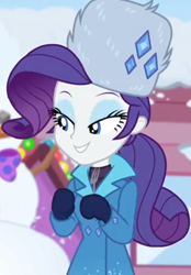 Size: 626x900 | Tagged: safe, screencap, character:rarity, equestria girls:holidays unwrapped, g4, my little pony:equestria girls, beautiful, clothing, cropped, cute, female, fork, gloves, jewelry, lidded eyes, mittens, raribetes, rarity's winter hat, saving pinkie's pie, smiling, snow, snowman, sweater, turtleneck, winter coat, winter hat, winter outfit