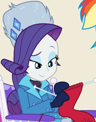 Size: 737x937 | Tagged: safe, screencap, character:rainbow dash, character:rarity, equestria girls:holidays unwrapped, g4, my little pony:equestria girls, chair, clothing, cropped, cute, female, gloves, jacket, jewelry, knitting, lidded eyes, mittens, raised eyebrow, raribetes, rarity's winter hat, sitting, smiling, winter coat, winter hat