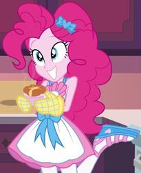 Size: 857x1045 | Tagged: safe, screencap, character:pinkie pie, equestria girls:holidays unwrapped, g4, my little pony:equestria girls, apron, bow, clothing, cropped, cute, female, food, gloves, hair bow, kitchen, oven mitts, pantyhose, raised eyebrows, raised leg, ramekin, sandals, saving pinkie's pie, skirt, sleeveless, sleeveless shirt, smiling, solo, souffle