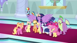 Size: 1920x1080 | Tagged: safe, screencap, character:applejack, character:fluttershy, character:li'l cheese, character:luster dawn, character:pinkie pie, character:rainbow dash, character:rarity, character:spike, character:twilight sparkle, character:twilight sparkle (alicorn), species:alicorn, species:dragon, species:earth pony, species:pegasus, species:pony, species:unicorn, episode:the last problem, g4, my little pony: friendship is magic, applejack's hat, clothing, cowboy hat, crown, gigachad spike, granny smith's scarf, hat, jewelry, mane seven, mane six, older, older applejack, older fluttershy, older mane seven, older mane six, older pinkie pie, older rainbow dash, older rarity, older spike, older twilight, princess twilight 2.0, regalia, spread wings, winged spike, wings