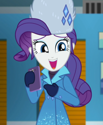 Size: 888x1080 | Tagged: safe, screencap, character:rarity, equestria girls:holidays unwrapped, g4, my little pony:equestria girls, beautiful, cellphone, clothing, coat, cropped, cute, fabulous, female, hat, mittens, open mouth, phone, raribetes, rarity's winter hat, self-storage facility, smartphone, smiling, solo, sweater, turtleneck, winter break-in, winter outfit