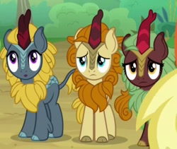 Size: 717x604 | Tagged: safe, screencap, character:applejack, character:autumn afternoon, character:cinder glow, character:summer flare, character:winter flame, species:kirin, episode:sounds of silence, g4, my little pony: friendship is magic, :o, background kirin, cropped, female, male, open mouth, sad