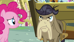 Size: 1280x720 | Tagged: safe, screencap, character:cranky doodle donkey, character:pinkie pie, species:donkey, species:earth pony, species:pony, episode:a friend in deed, g4, my little pony: friendship is magic, >:c, ponyville