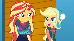Size: 1600x900 | Tagged: safe, screencap, character:applejack, character:sunset shimmer, equestria girls:holidays unwrapped, g4, my little pony:equestria girls, clothing, crossed arms, gloves, jacket, mittens, winter hat, winter outfit