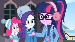 Size: 1600x900 | Tagged: safe, screencap, character:pinkie pie, character:rarity, character:twilight sparkle, character:twilight sparkle (scitwi), species:eqg human, equestria girls:holidays unwrapped, g4, my little pony:equestria girls, clothing, coat, earmuffs, glasses, hat, house, jacket, ponytail, toque, ushanka, window, winter outfit