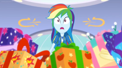 Size: 1600x900 | Tagged: safe, screencap, character:rainbow dash, equestria girls:holidays unwrapped, g4, my little pony:equestria girls, box, geode of super speed, gift box, magical geodes, present, solo, wrapped