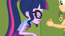 Size: 1600x900 | Tagged: safe, screencap, character:applejack, character:twilight sparkle, character:twilight sparkle (scitwi), species:eqg human, equestria girls:holidays unwrapped, g4, my little pony:equestria girls, bow tie, cellphone, glasses, lockers, phone, ponytail, squint, stare