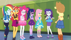 Size: 1600x900 | Tagged: safe, screencap, character:applejack, character:fluttershy, character:pinkie pie, character:rainbow dash, character:rarity, character:sunset shimmer, character:twilight sparkle, character:twilight sparkle (scitwi), species:eqg human, equestria girls:holidays unwrapped, g4, my little pony:equestria girls, belt, boots, bow tie, clothing, cowboy hat, denim skirt, dress, freckles, geode of empathy, geode of fauna, geode of sugar bombs, geode of super speed, geode of telekinesis, glasses, hat, humane five, humane seven, humane six, jacket, lockers, magical geodes, miniskirt, pants, pantyhose, ponytail, shoes, skirt, socks, stetson, stockings, thigh highs, wristband