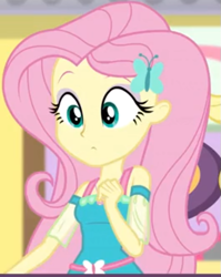 Size: 497x625 | Tagged: safe, screencap, character:fluttershy, equestria girls:holidays unwrapped, g4, my little pony:equestria girls, butterfly, chair, clothing, cropped, cute, dress, female, geode of fauna, hairclip, jewelry, magical geodes, mall, necklace, raised eyebrows, shyabetes, sitting, solo, table