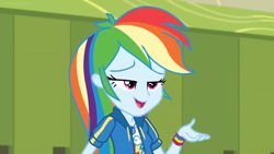 Size: 1600x900 | Tagged: safe, screencap, character:rainbow dash, equestria girls:holidays unwrapped, g4, my little pony:equestria girls, bedroom eyes, geode of super speed, lockers, magical geodes, wristband