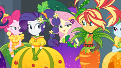 Size: 1600x900 | Tagged: safe, screencap, character:fluttershy, character:pinkie pie, character:rainbow dash, character:rarity, character:sunset shimmer, equestria girls:holidays unwrapped, g4, my little pony:equestria girls, braid, carrot, clothing, corn, cornucopia costumes, dress, flower, flower in hair, food, hat, inflatable dress, jewel, o come all ye squashful, ponytail, spikes