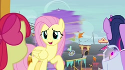 Size: 1920x1080 | Tagged: safe, screencap, character:apple bloom, character:bloofy, character:fluttershy, character:twilight sparkle, character:twilight sparkle (alicorn), species:alicorn, species:pony, episode:growing up is hard to do, g4, my little pony: friendship is magic, flower, saddle bag, whirling mungtooth, wishing flower